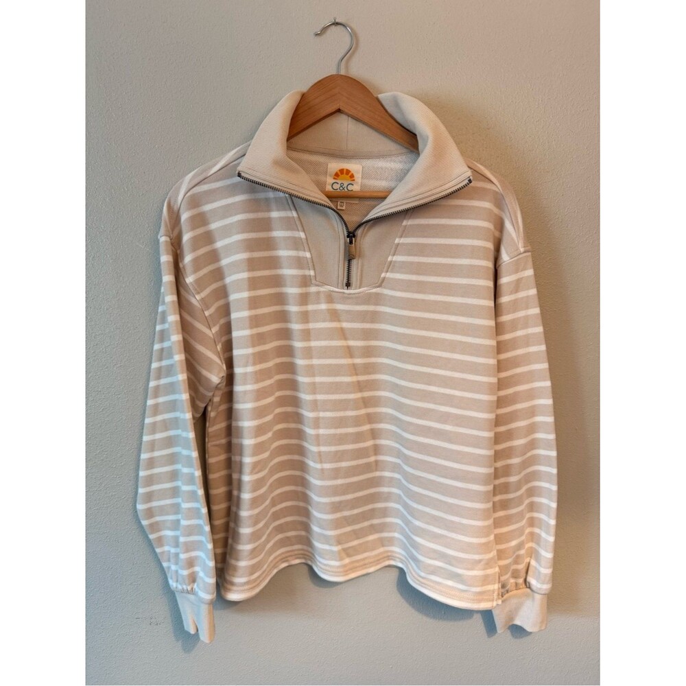 C.C California Beige and White Striped Quarter-Zip Sweater coastal beach spring